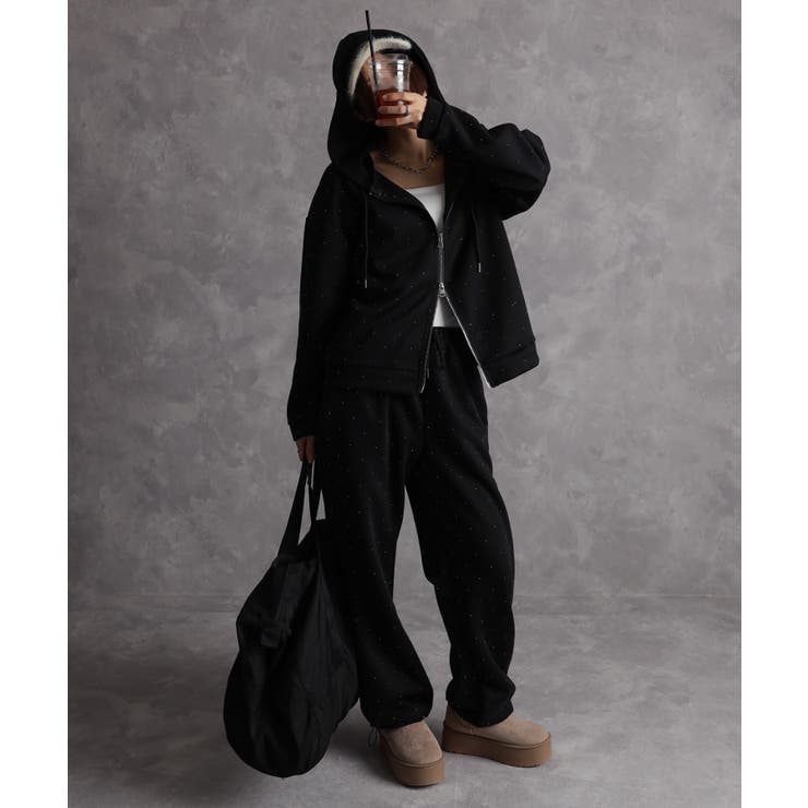 2点セット ジルコン付パーカー+スウェットパンツセットアップ[品番