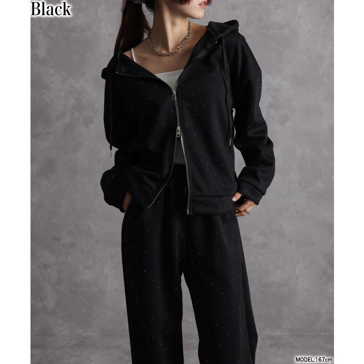 2点セット ジルコン付パーカー+スウェットパンツセットアップ[品番