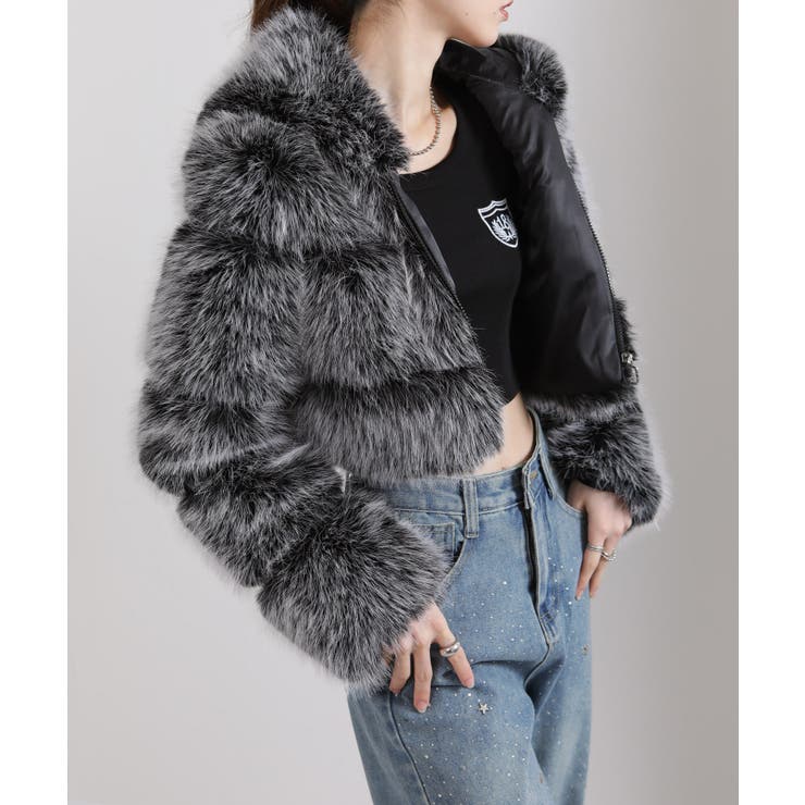 MIXカラー 毛足長 フェイクファー ジップアップ ショート丈ブルゾン | Pumpkin  Port | 詳細画像2 