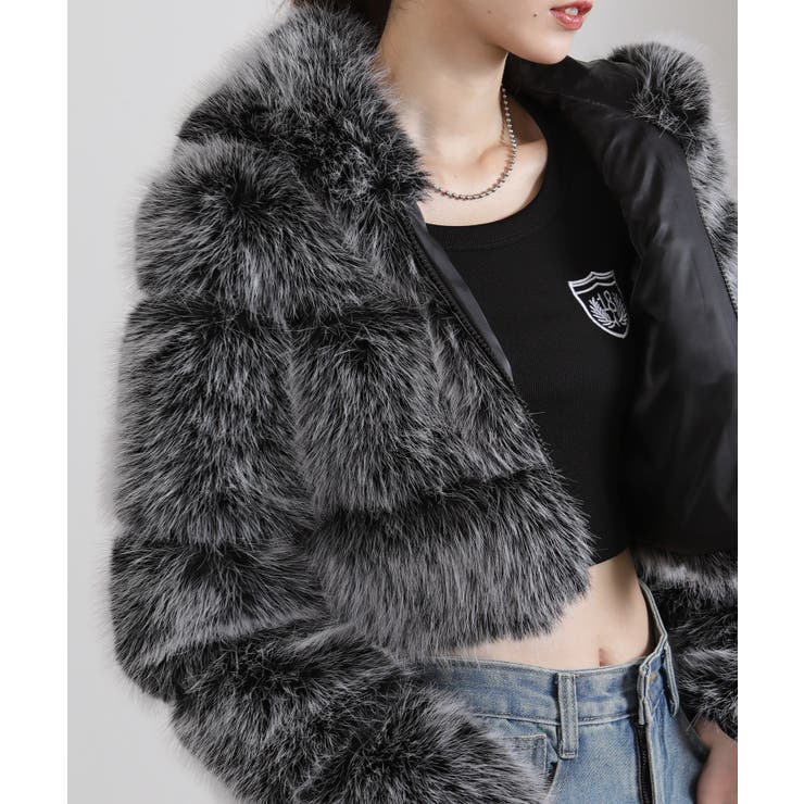 MIXカラー 毛足長 フェイクファー ジップアップ ショート丈ブルゾン | Pumpkin  Port | 詳細画像3 