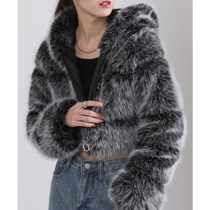 MIXカラー 毛足長 フェイクファー ジップアップ ショート丈ブルゾン | Pumpkin  Port | 詳細画像4 