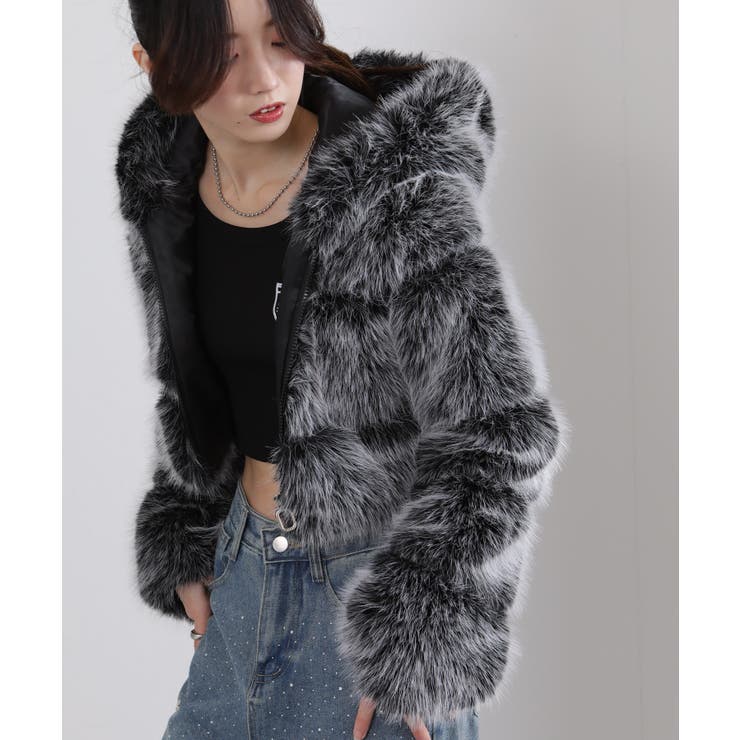 MIXカラー 毛足長 フェイクファー ジップアップ ショート丈ブルゾン | Pumpkin  Port | 詳細画像6 