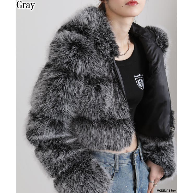 グレー | MIXカラー 毛足長 フェイクファー ジップアップ ショート丈ブルゾン | Pumpkin  Port