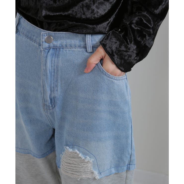 ブロークンデニム×スウェット ワイドイージーパンツ | Pumpkin  Port | 詳細画像12 