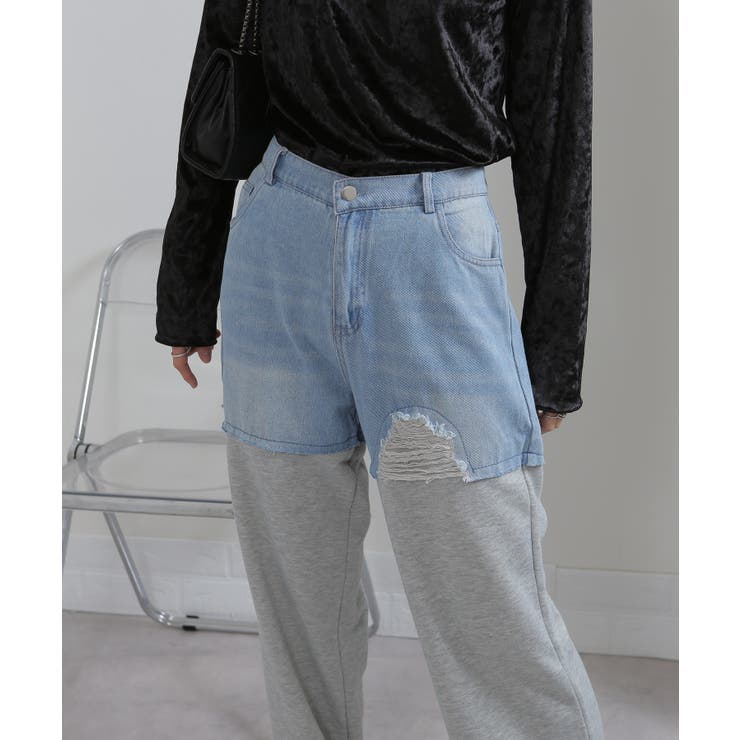 ブロークンデニム×スウェット ワイドイージーパンツ | Pumpkin  Port | 詳細画像2 