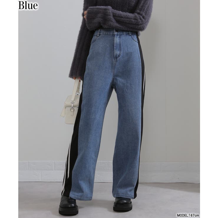 ブルー | サイド ライン切替 デニムワイド イージーパンツ | Pumpkin  Port