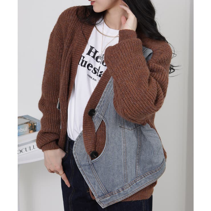 Gジャン切替 BIGサイズ Vネック ニット カーディガントップス | Pumpkin  Port | 詳細画像10 