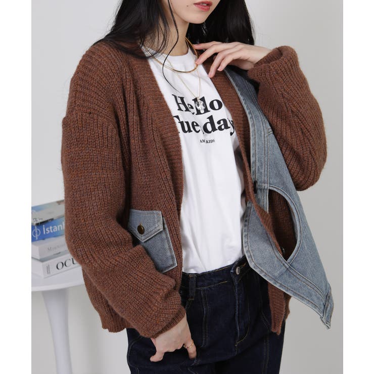 Gジャン切替 BIGサイズ Vネック ニット カーディガントップス | Pumpkin  Port | 詳細画像11 