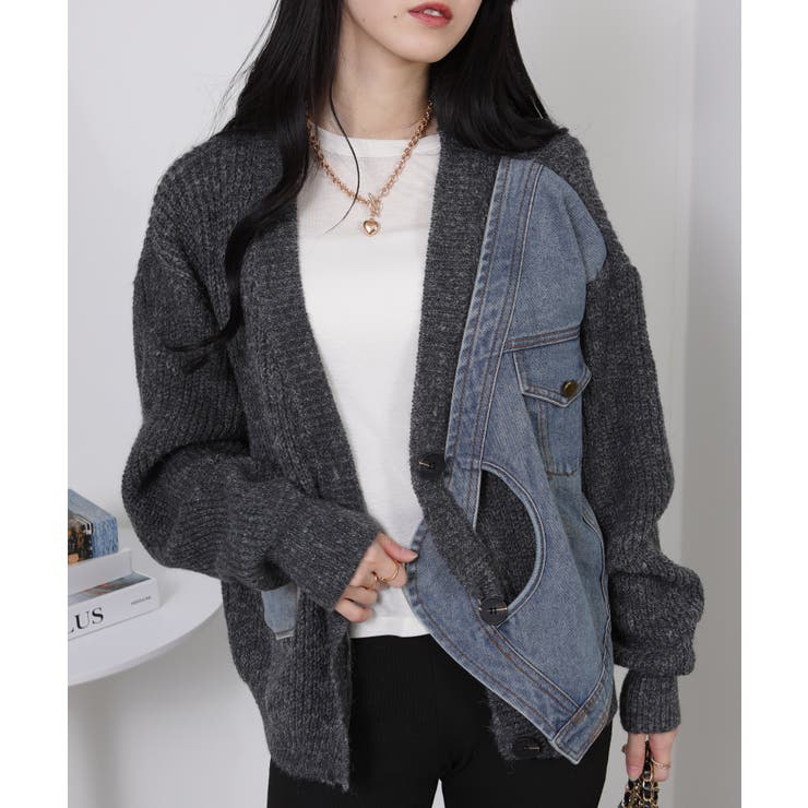 Gジャン切替 BIGサイズ Vネック ニット カーディガントップス | Pumpkin  Port | 詳細画像12 