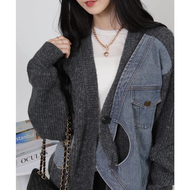 Gジャン切替 BIGサイズ Vネック ニット カーディガントップス | Pumpkin  Port | 詳細画像13 