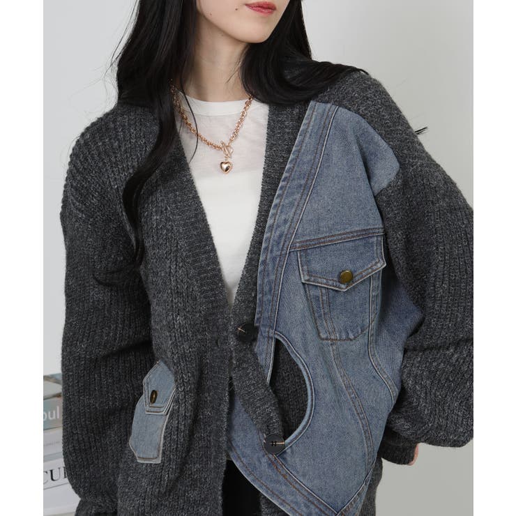 Gジャン切替 BIGサイズ Vネック ニット カーディガントップス | Pumpkin  Port | 詳細画像14 