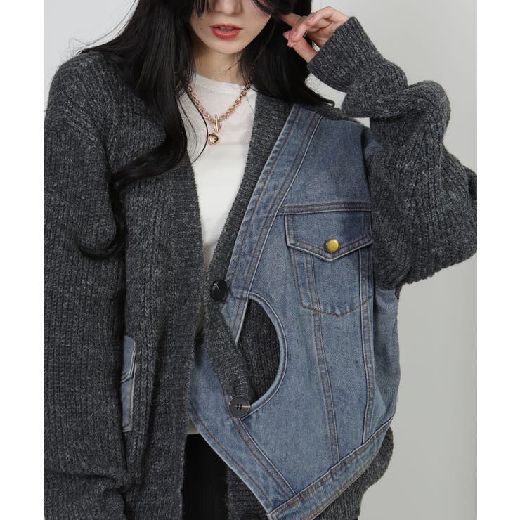 Gジャン切替 BIGサイズ Vネック ニット カーディガントップス | Pumpkin  Port | 詳細画像15 