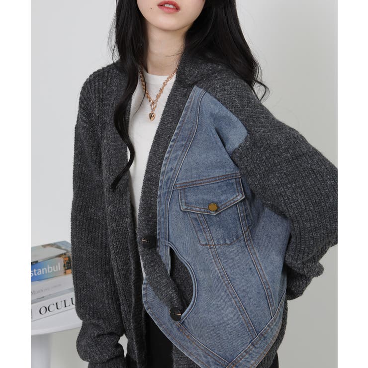 Gジャン切替 BIGサイズ Vネック ニット カーディガントップス | Pumpkin  Port | 詳細画像16 