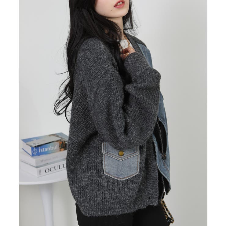 Gジャン切替 BIGサイズ Vネック ニット カーディガントップス | Pumpkin  Port | 詳細画像17 