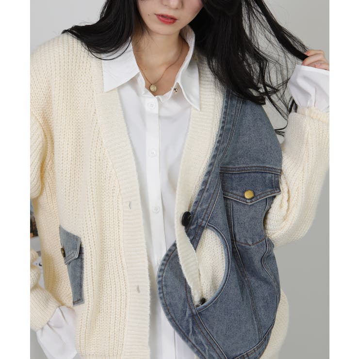 Gジャン切替 BIGサイズ Vネック ニット カーディガントップス | Pumpkin  Port | 詳細画像19 