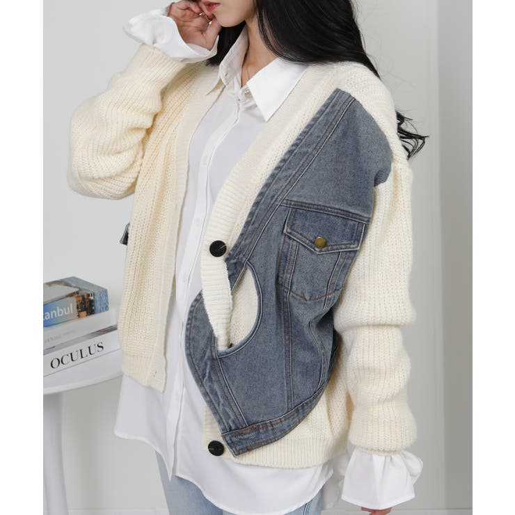 Gジャン切替 BIGサイズ Vネック ニット カーディガントップス | Pumpkin  Port | 詳細画像20 