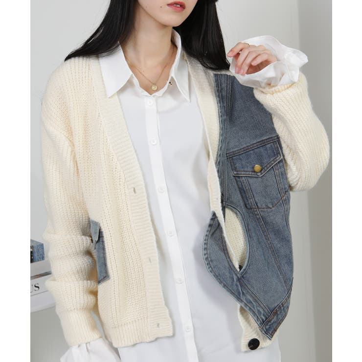 Gジャン切替 BIGサイズ Vネック ニット カーディガントップス | Pumpkin  Port | 詳細画像22 