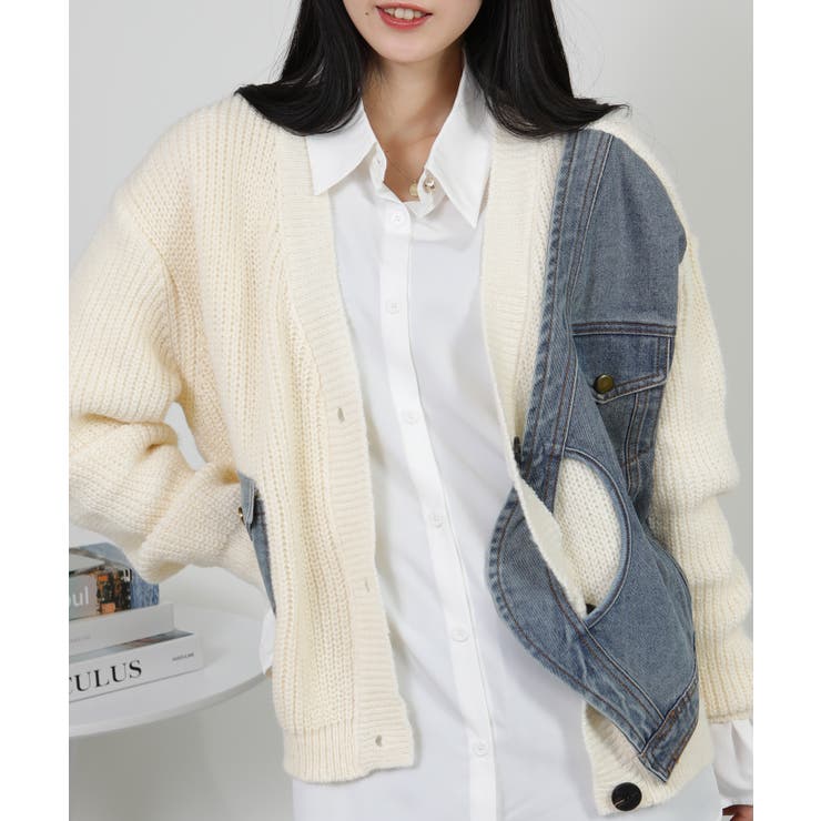 Gジャン切替 BIGサイズ Vネック ニット カーディガントップス | Pumpkin  Port | 詳細画像23 