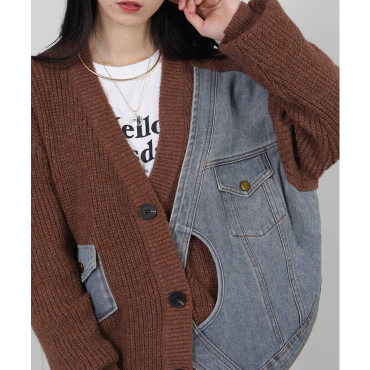 Gジャン切替 BIGサイズ Vネック ニット カーディガントップス | Pumpkin  Port | 詳細画像3 