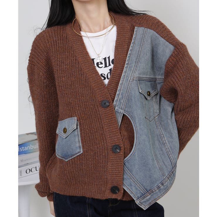 Gジャン切替 BIGサイズ Vネック ニット カーディガントップス | Pumpkin  Port | 詳細画像4 