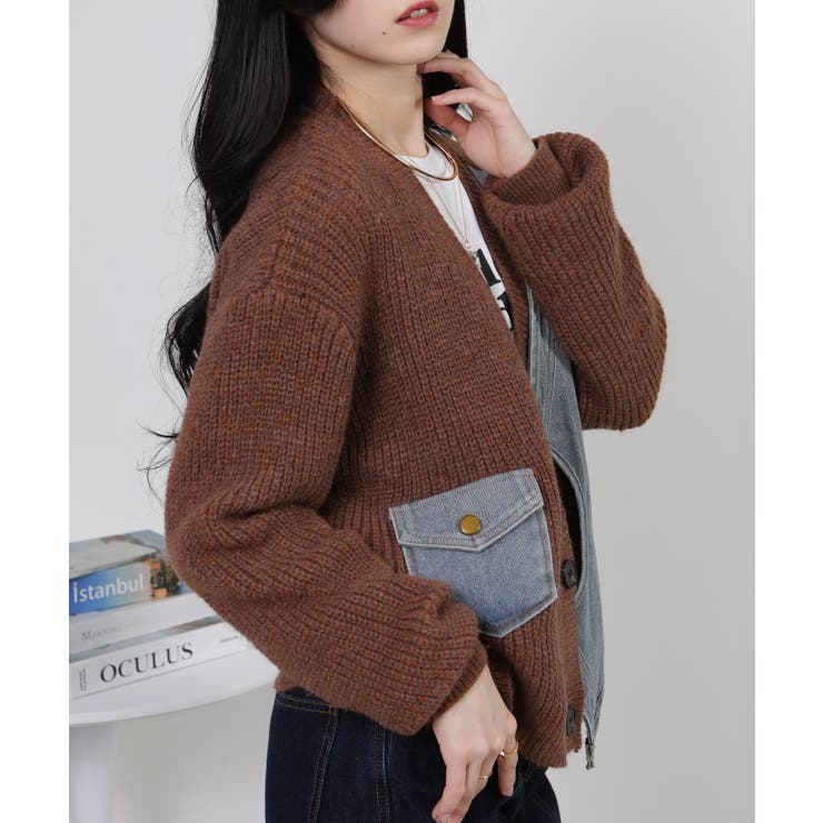 Gジャン切替 BIGサイズ Vネック ニット カーディガントップス | Pumpkin  Port | 詳細画像5 