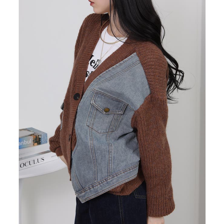 Gジャン切替 BIGサイズ Vネック ニット カーディガントップス | Pumpkin  Port | 詳細画像7 