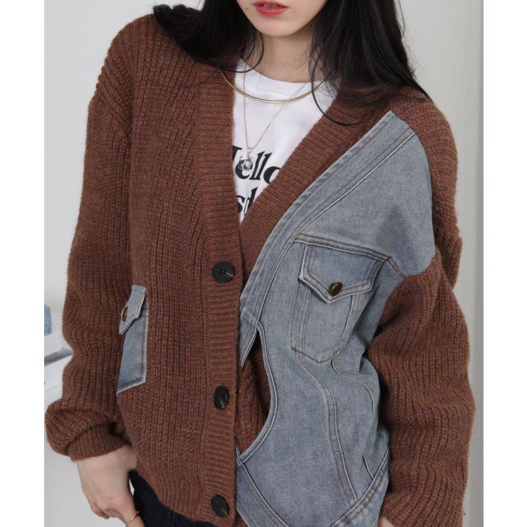 Gジャン切替 BIGサイズ Vネック ニット カーディガントップス | Pumpkin  Port | 詳細画像8 