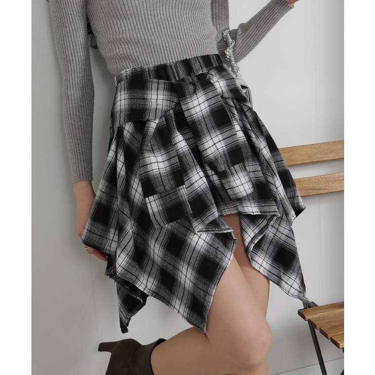 フェイクレイヤード シャツデザイン チェック柄ミニスカート（インパン付） | Pumpkin  Port | 詳細画像32 