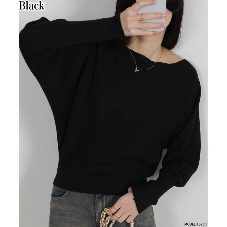 ブラック | ボートネック ドルマンスリーブニットソートップス | Pumpkin  Port