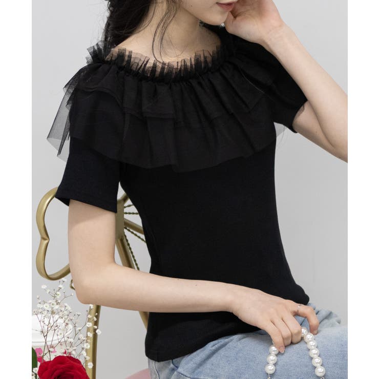 フリル チュール襟 リブ半袖Tシャツ[品番：PPNW0004154