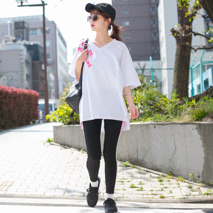 コットン 右胸ゴプリント入りVネックBIGロングTシャツ+ライン入り レギンスS… | Pumpkin  Port | 詳細画像5 