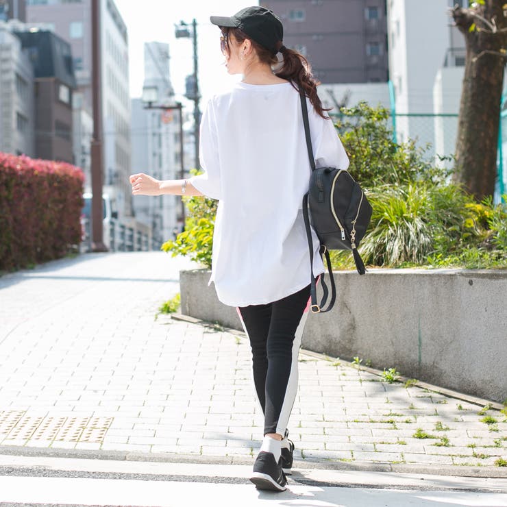 コットン 右胸ゴプリント入りVネックBIGロングTシャツ+ライン入り レギンスS… | Pumpkin  Port | 詳細画像6 