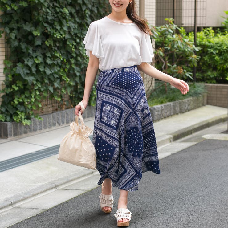 ポリエステルガーゼ バンダナ柄 ロング巻きスカート[品番：PPNW0001711