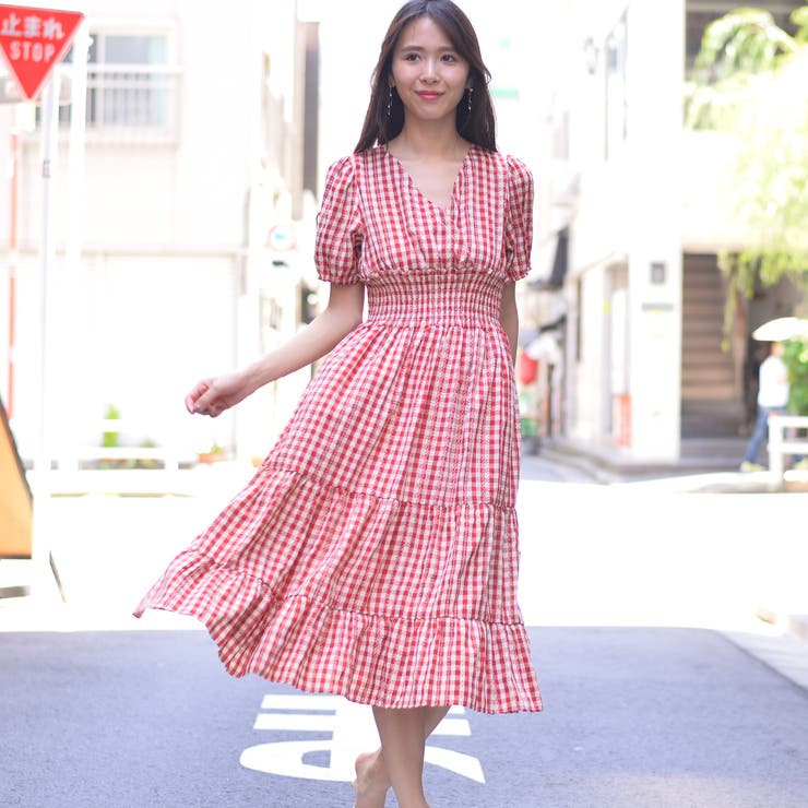 模様入りギンガムチェック ウエストシャーリングカシュクール風ティアード ワンピース 品番 Ppnw Pumpkin Port パンプキンポート のレディースファッション通販 Shoplist ショップリスト
