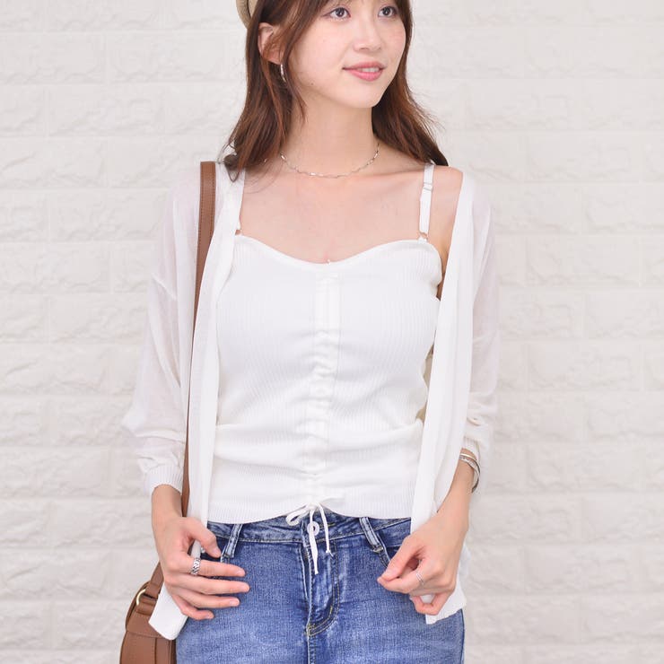 畦ニット フロントシャーリングキャミソール+ニット羽織