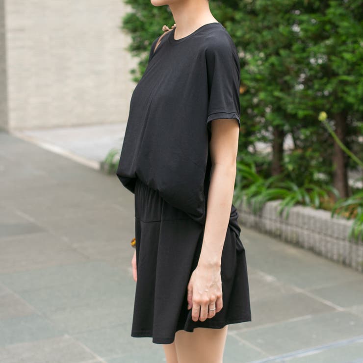 無地ポリエステルストレッチ BIGロングTシャツ+ミニフレアスカート