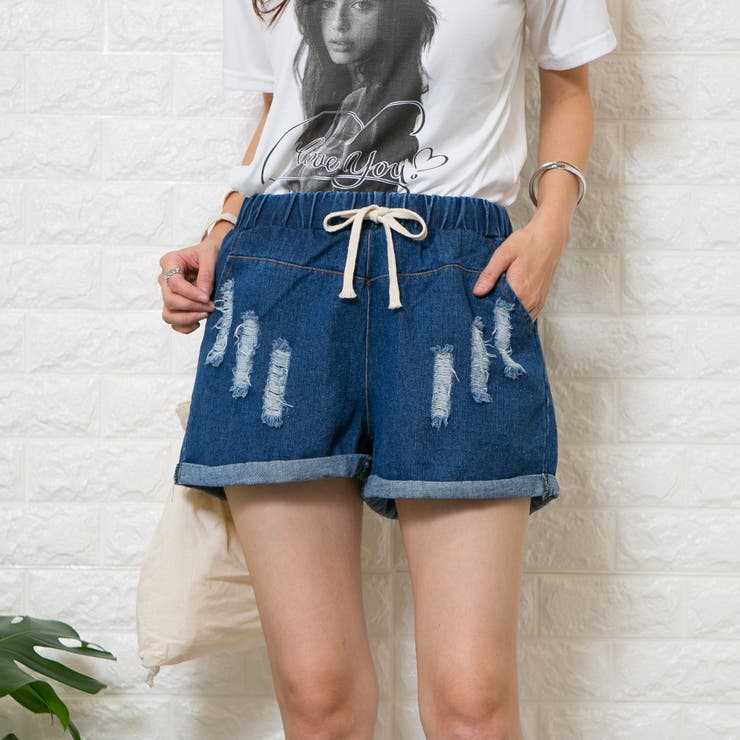 デニム裾ロールアップ ウエストゴム紐使い ブロークンショートパンツ