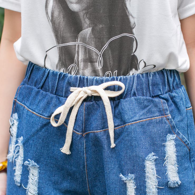 デニム裾ロールアップ ウエストゴム紐使い ブロークンショートパンツ