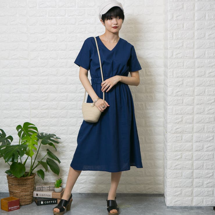 コットン Vネックウエストゴム仕様 ロングワンピース[品番 