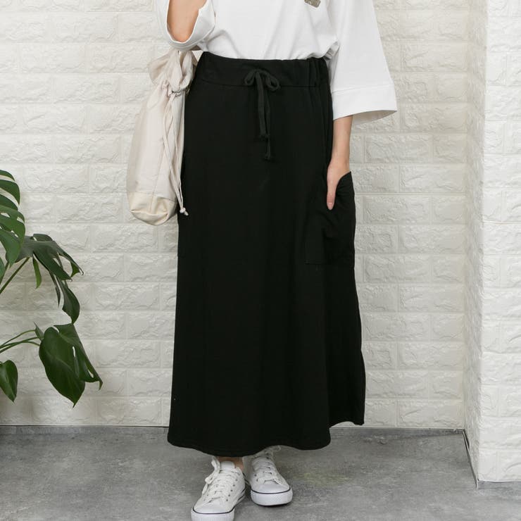無地カットソー ポケット付きウエストゴムひも付き ロングスカート