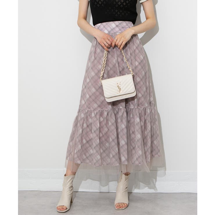 後ろリボン シアーチェックレイヤード ティアードロングスカート | Pumpkin  Port | 詳細画像14 