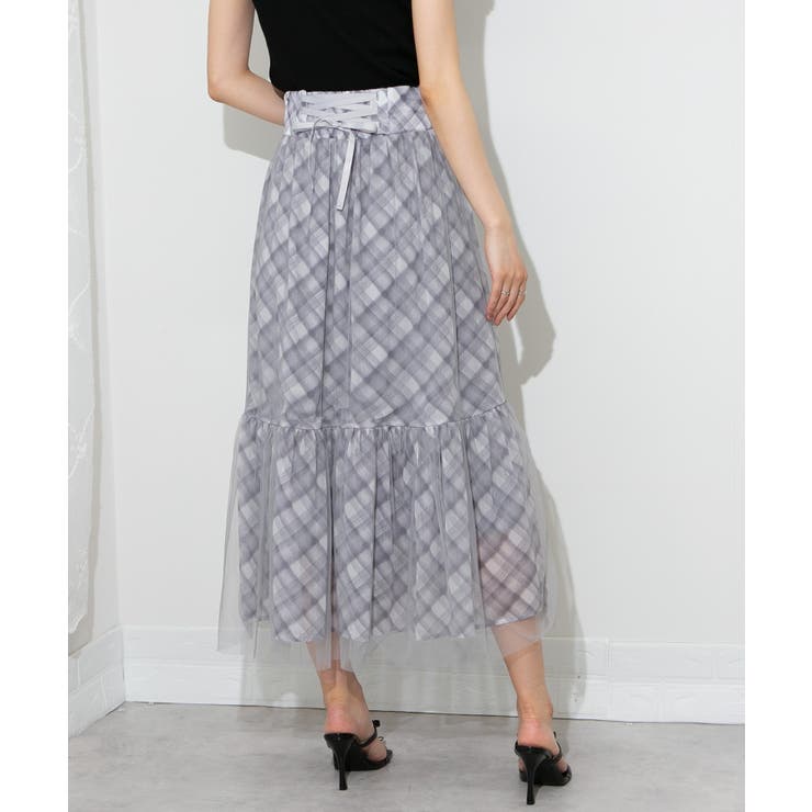 後ろリボン シアーチェックレイヤード ティアードロングスカート | Pumpkin  Port | 詳細画像2 