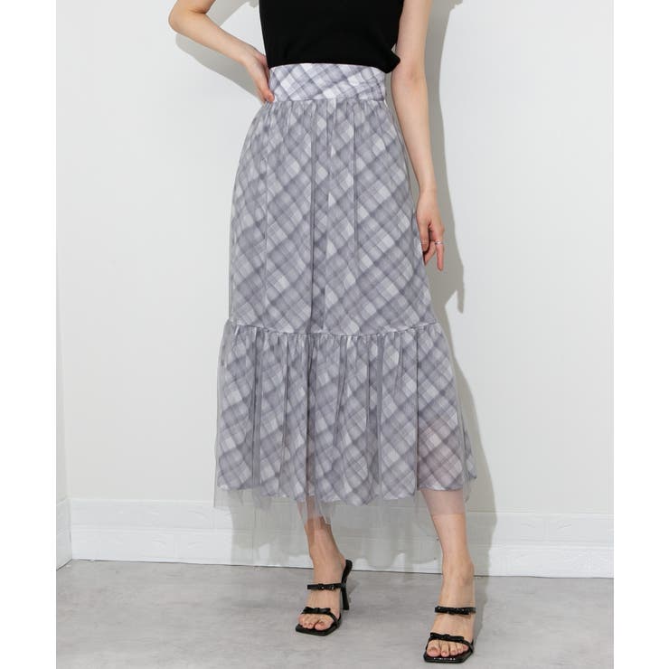 後ろリボン シアーチェックレイヤード ティアードロングスカート | Pumpkin  Port | 詳細画像3 