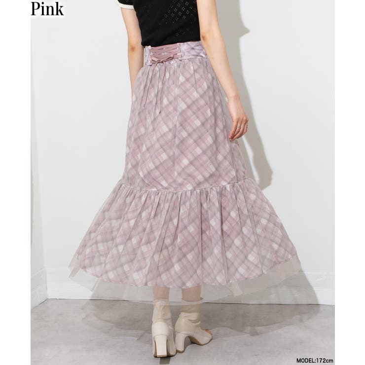ピンク | 後ろリボン シアーチェックレイヤード ティアードロングスカート | Pumpkin  Port