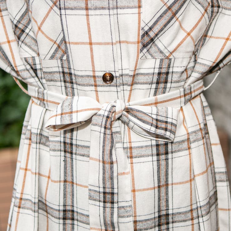 コットンチェック 共生地ベルトリボン付きBIGシャツワンピース[品番