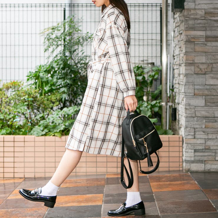 コットンチェック 共生地ベルトリボン付きBIGシャツワンピース[品番