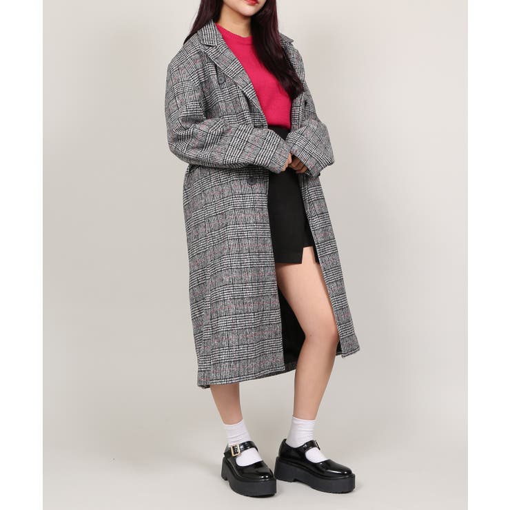 PUNYUS チェック柄 ロングコート　　かなり大きめ ダブルブレストチェックロングコート[品番：PNYW0003477]｜PUNYUS