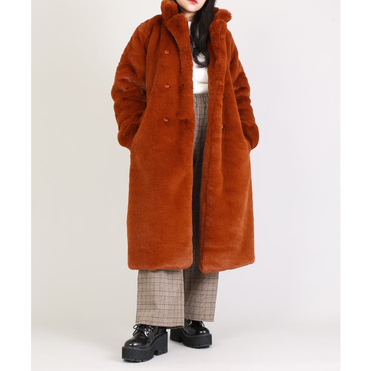 オレンジ ファー付きコート ウエストベルト付き ビッグベルトエコファーコート[品番：PNYW0003500]｜PUNYUS （プニュズ