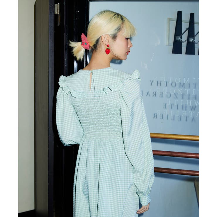 ギンガムチェックロングスリーブワンピース[品番：PNYW0004363