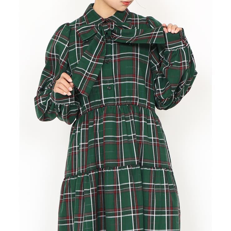 【予約販売】本 パフスリーブティアードチェックワンピース[品番：PNYW0004679 ワンピース